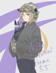 Rule 34 | absurdres, blonde hair, camouflage, earmuffs, ellen aice, hair ornament, hands in pockets, helmet, highres, jacket, low ponytail, military, muv-luv, muv-luv: dimensions, muv-luv alternative, muv-luv unlimited: the day after, purple eyes, radio, soutou nagi