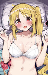 Rule 34 | 1girl, :d, ahoge, bed sheet, blonde hair, blush, bocchi the rock!, bra, breasts, cleavage, collarbone, commentary request, highres, ijichi nijika, long hair, looking at viewer, lying, medium breasts, on back, open mouth, pillow, red eyes, rouka (akatyann), side ponytail, smile, solo, underwear, upper body, white bra