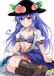 Rule 34 | 1girl, black hat, blue hair, blue skirt, blush, boots, bra, breasts, brown footwear, clothes lift, collarbone, commentary request, e.o., feet out of frame, food, fruit, hair between eyes, hat, highres, hinanawi tenshi, leaf, lifting own clothes, long hair, looking at viewer, nail polish, open clothes, open shirt, peach, petticoat, puffy short sleeves, puffy sleeves, purple bra, red eyes, shirt, short sleeves, simple background, sitting, skirt, skirt lift, small breasts, solo, touhou, underwear, very long hair, white background, white nails, white shirt, wing collar