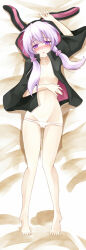 Rule 34 | 1girl, animal ear hood, animal ears, arm above head, bare legs, barefoot, black hood, black jacket, black sleeves, blush, breasts, cameltoe, commentary request, convenient censoring, dakimakura (medium), fake animal ears, full-face blush, full body, hair ornament, hair over shoulder, hand on own stomach, hood, hood up, hooded jacket, jacket, long-haired girl (motto notto), long sleeves, looking at viewer, low twintails, panties, panty pull, parted lips, partially undressed, pink hood, pink jacket, purple eyes, purple hair, rabbit ears, shiroino (shirayuki mutsuki), simple background, small breasts, solo, toes, twintails, two-sided fabric, two-sided hood, two-sided jacket, underwear, vocaloid, voiceroid, white background, white panties, wide sleeves, yuzuki yukari
