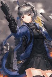 Rule 34 | &gt;:(, 1girl, arknights, black gloves, black shirt, black skirt, black thighhighs, blue jacket, brown eyes, city, closed mouth, cloud, cloudy sky, cowboy shot, day, dragon girl, dragon horns, dragon tail, female focus, fire, frown, gloves, grey hair, grey sky, gun, handgun, holding, holding gun, holding weapon, horns, jacket, kfr, liskarm (arknights), long sleeves, looking at viewer, magazine (weapon), medium hair, outdoors, pistol, pleated skirt, ruins, scarf, serious, shirt, skirt, sky, smoke, solo, sparks, tail, thighhighs, trigger discipline, v-shaped eyebrows, weapon