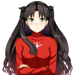 Rule 34 | 1girl, black hair, blush, breasts, crossed arms, fate/stay night, fate (series), ffmania7, frown, green eyes, highres, isshiki (ffmania7), solo, tohsaka rin, twintails, two side up