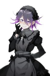 Rule 34 | 1boy, alternate costume, apron, arm behind back, black bow, black dress, black gloves, black hair, blush, bow, commentary, cowboy shot, danganronpa (series), danganronpa v3: killing harmony, dress, fingers to cheek, frilled hairband, frills, gloves, gothic lolita, grey dress, grin, hair between eyes, hairband, hand up, highres, jewelry, juliet sleeves, kyandii, lolita fashion, lolita hairband, long sleeves, looking at viewer, male focus, oma kokichi, puffy sleeves, purple eyes, purple hair, short hair, simple background, smile, solo, white background