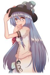 Rule 34 | 1girl, bad id, bad pixiv id, blue hair, cream (nipakupa), eating, female focus, food, fruit, hat, hinanawi tenshi, holding, long hair, peach, pointing, pointing up, simple background, smile, solo, touhou, white background
