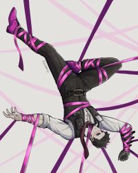 Rule 34 | 1boy, 4indroid, belt, black hair, black pants, black vest, blush, bound, collared shirt, commentary, e.g.o (project moon), english commentary, gauntlets, highres, id card, limbus company, meursault (project moon), necktie, pants, pink eyes, pink footwear, pink ribbon, pink shoes (project moon), project moon, red necktie, ribbon, shirt, shoes, short hair, signature, single gauntlet, solo, tied up (nonsexual), upside-down, vest, white background, white shirt