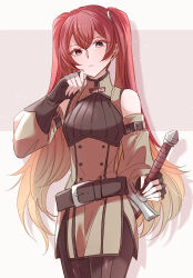 Rule 34 | 1girl, belt, belt buckle, black gloves, blonde hair, brown belt, buckle, closed mouth, commentary, detached sleeves, fingerless gloves, fire emblem, fire emblem awakening, gloves, gradient hair, hair between eyes, highres, holding, holding sword, holding weapon, long hair, looking at viewer, multicolored hair, nintendo, red eyes, red hair, severa (fire emblem), solo, sword, twintails, twitter username, two-tone hair, very long hair, weapon, yutohiroya