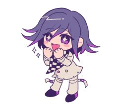 Rule 34 | 1boy, :d, blush stickers, buttons, checkered clothes, checkered scarf, chibi, clenched hands, commentary request, danganronpa (series), danganronpa v3: killing harmony, grey jacket, grey pants, hair between eyes, hands up, jacket, long sleeves, medium hair, open mouth, oma kokichi, pants, pink hair, sasakama (sasagaki01), scarf, shoes, smile, sparkle, sparkling eyes