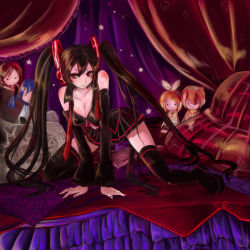 Rule 34 | &gt; &lt;, 1girl, alice (afternoon gleam), all fours, bed, black hair, blush, boots, breasts, cameo, character doll, cleavage, closed eyes, detached sleeves, doll, kagamine len, kagamine rin, kaito (vocaloid), meiko (vocaloid), necktie, pillow, red eyes, skirt, solo, thigh boots, thighhighs, vocaloid, zatsune miku