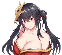 Rule 34 | 1girl, :q, absurdres, azur lane, bare shoulders, black hair, breasts, cleavage, crossed bangs, from above, hair between eyes, highres, huge breasts, japanese clothes, kimono, long hair, looking at viewer, mask, mask on head, off shoulder, pake w, red eyes, red kimono, simple background, solo, taihou (azur lane), tongue, tongue out, upper body, white background
