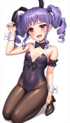 Rule 34 | 1girl, animal ears, bang dream!, black bow, black bowtie, black leotard, black pantyhose, bow, bowtie, breasts, detached collar, drill hair, fake animal ears, kneeling, lambda (kusowarota), leotard, looking at viewer, pantyhose, playboy bunny, purple hair, rabbit ears, rabbit tail, red eyes, simple background, small breasts, solo, strapless, strapless leotard, tail, twin drills, twintails, udagawa ako, white background, wrist cuffs