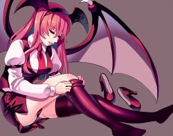Rule 34 | 1girl, armband, bad id, bad pixiv id, bat wings, between breasts, black panties, black thighhighs, breasts, changing clothes, closed eyes, collared shirt, dressing, eyelashes, full body, garter straps, gorota, grey background, hairband, head wings, headband, high heels, juliet sleeves, koakuma, large wings, lips, long hair, long sleeves, necktie, necktie between breasts, open mouth, panties, pantyshot, parted lips, puffy sleeves, red hair, shirt, shoes, simple background, sitting, skirt, skirt set, smile, solo, thighhighs, thighhighs pull, touhou, underwear, unworn shoes, vest, white shirt, winged hairband, wings, zettai ryouiki