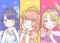 Rule 34 | 3girls, :&lt;, :o, aqua eyes, blonde hair, blue dress, blue eyes, blue flower, blue gloves, blue hair, blush, bow, close-up, closed mouth, collarbone, crossed bangs, dark blue hair, dress, dress bow, dress flower, earrings, elbow gloves, finger to mouth, flower, gloves, hair bow, hair flower, hair ornament, hands on own cheeks, hands on own face, head on hand, high side ponytail, highres, hinoshita kaho, jewelry, lace, lace-trimmed dress, lace trim, link! like! love live!, long hair, looking at viewer, love live!, medium hair, multiple girls, murano sayaka, off-shoulder dress, off shoulder, official alternate costume, open mouth, orange bow, orange dress, orange hair, orange wrist cuffs, osawa rurino, parted bangs, pink dress, purple bow, short sleeves, sidelocks, smile, swept bangs, tiara, tommy (totototommy t0m), wavy hair, wrist cuffs