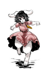 Rule 34 | 1girl, animal ears, black eyes, black hair, carrot, carrot necklace, dress, female focus, full body, furrification, furry, furry female, inaba tewi, jewelry, jumping, kitayuki kajika, necklace, outstretched arms, pendant, pink dress, rabbit, rabbit ears, rabbit girl, short hair, solo, spread arms, touhou