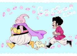 Rule 34 | 2boys, :d, afro, bee (dragon ball), black eyes, black footwear, black hair, blue background, boots, candy, cape, character name, checkerboard cookie, clenched hands, closed eyes, colored skin, commentary request, cookie, dog, dougi, dragon ball, dragonball z, facial hair, fat buu, food, gloves, majin buu, male focus, mr. satan, multiple boys, mustache, open mouth, outline, pants, pink skin, pny panya, profile, purple cape, running, sideburns, simple background, smile, teeth, upper teeth only, white outline, white pants, yellow footwear, yellow gloves