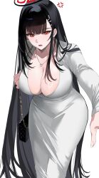 Rule 34 | 1girl, :o, absurdres, alternate costume, anger vein, bag, black hair, blue archive, breasts, cleavage, collarbone, dress, glacier 68a, grey dress, halo, highres, holding, holding bag, large breasts, long hair, long sleeves, looking at viewer, red eyes, rio (blue archive), simple background, solo, straight hair, very long hair, white background