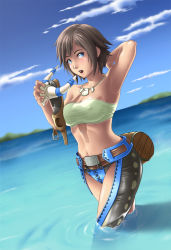 Rule 34 | 1girl, armor, armpits, barrel, blue eyes, brown hair, capcom, highres, jewelry, midriff, monster hunter (series), necklace, piscine (armor), solo, thor (deep rising), water
