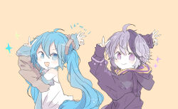 Rule 34 | 2girls, :d, absurdres, ahoge, arm behind head, blue eyes, blue hair, blush, chibi, closed mouth, commentary request, detached sleeves, flower (vocaloid), hair between eyes, hair ornament, hatsune miku, highres, hood, hood down, jacket, long hair, long sleeves, looking at viewer, multicolored hair, multiple girls, ok sign, open mouth, purple eyes, purple hair, purple jacket, shirt, short hair, simple background, sleeves past wrists, smile, star (symbol), twintails, two-tone hair, upper body, v, very long hair, vocaloid, white shirt, xxxx saki