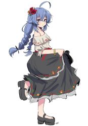 Rule 34 | 1girl, ahoge, black dress, black footwear, black ribbon, blue hair, bracelet, braid, breasts, closed mouth, clothes lift, dress, eyebrows hidden by hair, flower, from side, full body, hair between eyes, hair flower, hair ornament, hair ribbon, highres, jewelry, komeji nouzy, lifting own clothes, long hair, looking at viewer, mushoku tensei, platform footwear, platform heels, red flower, ribbon, roxy migurdia, signature, simple background, skirt, skirt lift, small breasts, solo, standing, standing on one leg, twin braids, two-tone dress, white background, white dress