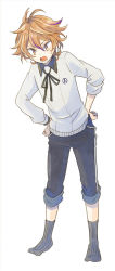 Rule 34 | 10s, 1boy, brown eyes, brown hair, gotou toushirou, hands on own hips, male focus, multicolored hair, no shoes, open mouth, pants, pants rolled up, satoko (papapa sikakici), socks, solo, streaked hair, touken ranbu
