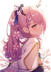 Rule 34 | 1girl, absurdres, alternate hair color, alternate hairstyle, antlers, braid, branch, breasts, ceres fauna, cherry blossoms, dress, earrings, erezu, flower, from side, hair ornament, highres, hololive, hololive english, horns, jewelry, large breasts, looking at viewer, looking to the side, loose clothes, medium hair, open clothes, parted lips, pink hair, ponytail, solo, straight hair, tree, virtual youtuber, white background, yellow eyes