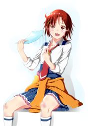 Rule 34 | 10s, 1girl, :3, :d, clothes around waist, fanning, hair ornament, hairclip, highres, hino akane (smile precure!), kneehighs, necktie, open mouth, ponytail, precure, red eyes, red hair, school uniform, skirt, sleeves rolled up, smile, smile precure!, socks, solo, sweater, sweater around waist, white background, yuutarou (fukiiincho)
