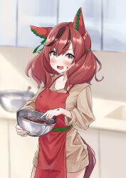 Rule 34 | 1girl, absurdres, animal ears, apron, blurry, blurry background, blush, breasts, brown hair, casual, chocolate, chocolate on face, commentary request, food, food on face, highres, horse ears, horse girl, horse tail, kitchen, kohaku teru, looking at viewer, medium breasts, nice nature (umamusume), red hair, solo, tail, umamusume, valentine