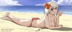 Rule 34 | 1girl, ass, bare legs, barefoot, beach, bikini, blonde hair, blue sky, breasts, brown eyes, cloud, collarbone, commentary request, day, flower, full body, grin, hair between eyes, hair flower, hair ornament, hand up, highres, horizon, large breasts, looking at viewer, lycoris recoil, lying, mr yah, nishikigi chisato, ocean, on ground, on stomach, outdoors, pixiv id, red bikini, red flower, side-tie bikini bottom, sky, smile, solo, swimsuit, twitter username, untied bikini, v, water
