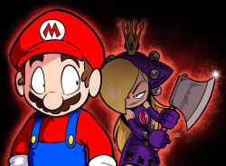Rule 34 | 1boy, 1girl, absurdres, axe, blonde hair, blue overalls, bracelet, brandon santiago, brown hair, crown, dress, evil smile, facial hair, gloves, hair over one eye, highres, holding, holding axe, jewelry, looking at another, mario, mario (series), mario power tennis, mario tennis, mustache, nintendo, overalls, red headwear, signature, sleeveless, sleeveless dress, smile, sparkle, spiked bracelet, spikes, sweat, warupeach, white gloves