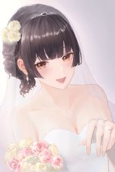 Rule 34 | 1girl, :d, absurdres, black hair, blunt bangs, blush, bouquet, breasts, bridal gauntlets, bridal veil, cleavage, collarbone, dress, dutch angle, earrings, flower, glint, hair flower, hair ornament, highres, idolmaster, idolmaster shiny colors, jewelry, looking at viewer, mayuzumi fuyuko, nekoplanetouo, open mouth, ornate ring, pink flower, pink rose, ring, rose, simple background, smile, solo, strapless, strapless dress, tiara, veil, wavy hair, wedding dress, wedding ring, white dress, white flower, white rose, yellow eyes