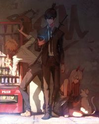 Rule 34 | 1girl, 2boys, absurdres, black hair, black necktie, black pants, blonde hair, cat, chainsaw, chainsaw man, cigarette, denji (chainsaw man), formal, graffiti, hayakawa aki, highres, holding, holding cigarette, horns, jacket, katana, long hair, looking at another, looking at object, looking at phone, looking down, meowy (chainsaw man), middle finger, multiple boys, necktie, open clothes, open jacket, pants, petting, phone, pochita (chainsaw man), power (chainsaw man), red horns, standing, stephengiannart, suit, sword, tail, tongue, vending machine, weapon