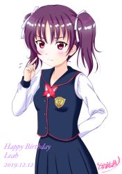 Rule 34 | 1girl, bangs, birthday, blush, breasts, character name, commentary request, embarrassed, english text, hair ribbon, happy birthday, kazuno leah, long hair, long sleeves, love live!, love live! sunshine!!, nanase tatsuki (aurora illusion), pink eyes, purple hair, ribbon, school uniform, seisen school uniform, shiny, shiny hair, signature, small breasts, solo, twintails, upper body