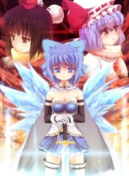 Rule 34 | 3girls, alternate costume, bare shoulders, black hair, blue eyes, blue hair, blush, bow, breasts, brown eyes, brown hair, cape, cirno, cleavage, cosplay, face, fate/zero, fate (series), gloves, hair bow, hat, ice, ice wings, light purple hair, looking at viewer, magical girl, mahou shoujo madoka magica, mahou shoujo madoka magica (anime), miki sayaka, miki sayaka (cosplay), multiple girls, parody, planted, planted sword, planted weapon, purple hair, red eyes, remilia scarlet, scarf, shameimaru aya, short hair, sword, thighhighs, tokin hat, touhou, weapon, white gloves, white legwear, windfeathers, wings