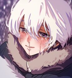 Rule 34 | 1boy, coat, crying, fumetsu no anata e, fur trim, hair between eyes, highres, male focus, parted lips, portrait, purple eyes, runny nose, short hair, smile, snot, snow, solo, tears, the nameless boy (fumetsu no anata e), white hair, winter clothes, winter coat, yuuinami