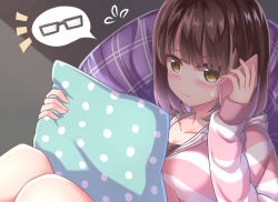 Rule 34 | 1girl, black-framed eyewear, blush, brown eyes, brown hair, cellphone, closed mouth, collarbone, commentary request, flying sweatdrops, glasses, highres, holding, holding phone, holding pillow, hood, hood down, hoodie, katou megumi, phone, pillow, polka dot, polka dot pillow, saenai heroine no sodatekata, sitting, solo, spoken object, striped clothes, striped hoodie, sweat, talking on phone, zongren