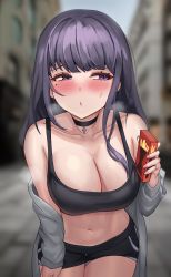 Rule 34 | 1girl, absurdres, bare shoulders, black choker, black shirt, black shorts, blurry, blush, box, breasts, choker, cleavage, collarbone, crop top, depth of field, dolphin shorts, embarrassed, food, genshin impact, grey jacket, hand on own thigh, hand up, highres, holding, jacket, large breasts, leaning forward, long hair, long sleeves, looking away, looking to the side, midriff, mole, mole under eye, mua (mua pb), navel, off shoulder, open clothes, open jacket, parted lips, pocky, pocky day, purple eyes, purple hair, raiden shogun, shirt, short shorts, shorts, sleeveless, sleeveless shirt, solo, sports bra, stomach, sweatdrop, thighs