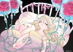 Rule 34 | 1girl, black background, blonde hair, blush, expressionless, closed eyes, flower, highres, intravenous drip, leaf, long hair, original, pillow, pink ribbon, red flower, red rose, ribbon, ring 411, rose, shadow, simple background, solo, twitter username, upper body