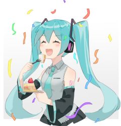Rule 34 | 1girl, aqua hair, aqua necktie, bare shoulders, birthday, birthday cake, black skirt, black sleeves, cake, closed eyes, commentary, confetti, detached sleeves, eating, food, fork, grey shirt, hair ornament, hatsune miku, headphones, holding, holding cake, holding food, holding fork, long hair, necktie, nejikyuu, open mouth, pleated skirt, shirt, shoulder tattoo, skirt, sleeveless, sleeveless shirt, solo, tattoo, twintails, upper body, very long hair, vocaloid