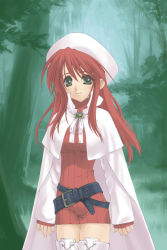 Rule 34 | 1girl, aty, aty (summon night), belt, belt skirt, boots, brooch, cape, forest, gem, green eyes, hat, jewelry, long hair, looking at viewer, nature, red hair, solo, summon night, summon night 3, thigh boots, thighhighs, tree