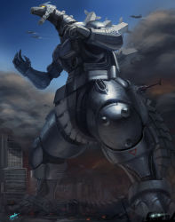 Rule 34 | aircraft, airplane, blue sky, building, car, city, claws, cyborg, damaged, dated, duan henglong, f-2, fighter jet, godzilla (series), godzilla against mechagodzilla, helicopter, highres, japan air self-defense force, japan self-defense force, jet, kaijuu, kiryu (godzilla), mecha, mechagodzilla, military, military vehicle, motor vehicle, power lines, roaring, robot, signature, sky, smoke, toho, weapon