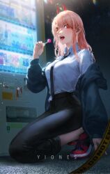 Rule 34 | 1girl, artist name, black jacket, black necktie, black pants, breasts, candy, chainsaw man, collared shirt, demon girl, demon horns, food, highres, holding, holding candy, holding food, holding lollipop, horns, jacket, lollipop, long hair, medium breasts, necktie, open clothes, open jacket, open mouth, pants, pink hair, power (chainsaw man), red eyes, shirt, solo, tongue, tongue out, white shirt, yiones