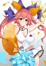 Rule 34 | 10s, 1girl, animal ears, blush, bow, breasts, cheerleader, cleavage, fate/extra, fate/grand order, fate (series), fox ears, fox tail, hair bow, hair ribbon, highres, large breasts, long hair, looking at viewer, midriff, miniskirt, pink hair, pom pom (cheerleading), ribbon, skirt, solo, tail, tamamo no mae (fate/extra), thighhighs, warum, yellow eyes