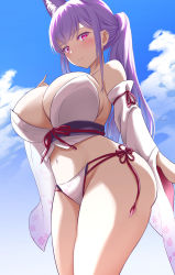 Rule 34 | 1girl, absurdres, animal ear fluff, animal ears, ass, bare shoulders, breasts, cleavage, cleavage cutout, closed mouth, clothing cutout, cloud, cloudy sky, detached sleeves, feet out of frame, flower print, gluteal fold, highres, japanese clothes, kamishiro natsume, large breasts, long hair, looking at viewer, melty+, midriff, navel, panties, ponytail, purple hair, red eyes, shiina nami, side-tie panties, sideboob, sky, solo, thick thighs, thighs, underwear, virtual youtuber