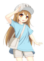 Rule 34 | 10s, 1girl, :d, arm up, bag, blue shirt, blush, brown eyes, brown hair, character name, clothes writing, commentary request, cowboy shot, flat cap, grey hat, grey shorts, hat, hataraku saibou, highres, long hair, looking at viewer, open mouth, platelet (hataraku saibou), salute, shirt, short shorts, short sleeves, shorts, shoulder bag, simple background, smile, solo, very long hair, white background, xiaosamiao