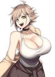 Rule 34 | 1girl, :d, absurdres, ahoge, bell, black collar, black lips, blonde hair, breasts, cleavage, clothes around waist, collar, collarbone, highres, huge breasts, hz (666v), jacket, lipstick, looking at viewer, makeup, neck bell, open clothes, open jacket, open mouth, orange eyes, original, short hair, single bare shoulder, smile, solo, swept bangs, tank top, white background, white tank top, yellow jacket