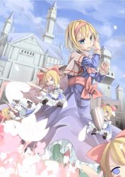 Rule 34 | 1girl, alice margatroid, apron, ascot, bad id, bad pixiv id, blue dress, blue eyes, blue sky, blush stickers, bow, capelet, castle, day, dress, female focus, flower, fourth wall, hair bow, hairband, highres, lance, long hair, long sleeves, looking at viewer, nature, open mouth, outdoors, petals, plant, polearm, saraki, sash, shanghai doll, shield, short hair, sky, solo, sword, touhou, waist apron, weapon