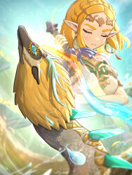 Rule 34 | 1girl, artist name, blonde hair, blue eyes, blue sky, blurry, blurry background, circlet, closed eyes, closed mouth, commentary request, dragon, earrings, eyelashes, glint, gonzarez, green pupils, highres, holding, holding sword, holding weapon, jewelry, light dragon (zelda), master sword, nintendo, pointy ears, princess zelda, scales, sky, spoilers, sword, the legend of zelda, the legend of zelda: tears of the kingdom, twitter username, weapon