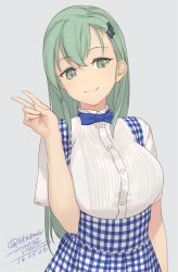 Rule 34 | 10s, 1girl, 2016, apron, blouse, blue bow, blue bowtie, blush, bow, bowtie, breasts, buttons, checkered clothes, checkered dress, closed mouth, dated, dress, gingham apron, green eyes, green hair, grey background, hair ornament, hairclip, hand gesture, head tilt, kantai collection, kobeya uniform, large breasts, long hair, plaid, rokuwata tomoe, shirt, signature, simple background, smile, solo, suzuya (kancolle), underbust, v, white shirt
