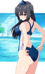 Rule 34 | 1girl, adjusting clothes, adjusting swimsuit, alternate costume, anime coloring, ass, bare shoulders, black hair, blue one-piece swimsuit, blush, border, breasts, brown eyes, caustics, cel shading, closed mouth, commentary request, commission, competition swimsuit, cowboy shot, embarrassed, hair between eyes, hat, highres, iizunamaru megumu, long hair, looking at viewer, looking back, medium breasts, one-piece swimsuit, outside border, pool, rise (rise19851203), second-party source, skeb commission, solo, standing, sweatdrop, swimsuit, tokin hat, touhou, turning head, water, white border