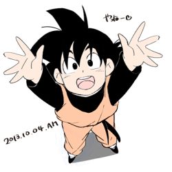 Rule 34 | 1boy, 2013, :d, arms up, black eyes, black hair, child, dated, dougi, dragon ball, dragonball z, happy, heart, long sleeves, looking at viewer, looking up, lowres, male focus, open mouth, outstretched arms, rochiko (bgl6751010), short hair, simple background, smile, solo, son goten, spiked hair, translation request, white background