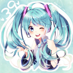Rule 34 | 1girl, 39, artist name, bad id, bad pixiv id, blue eyes, blue hair, blush, detached sleeves, hatsune miku, long hair, long sleeves, matching hair/eyes, one eye closed, open mouth, sakuragi ren, smile, solo, twintails, vocaloid, wink